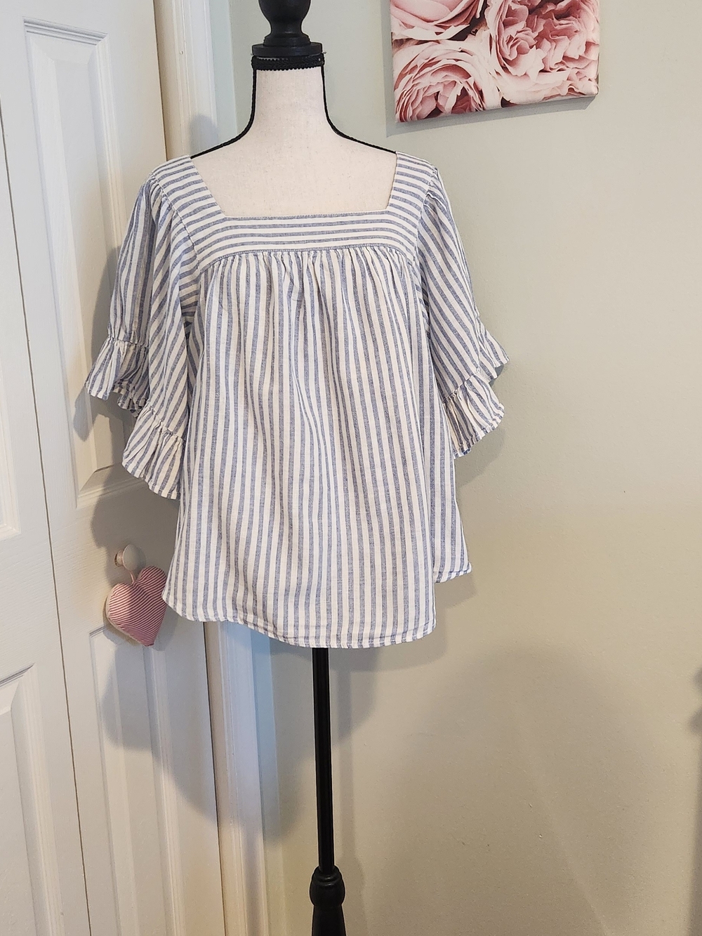 beachlunchlounge Blue and White Striped Square-Neck Ruffle Sleeve Top